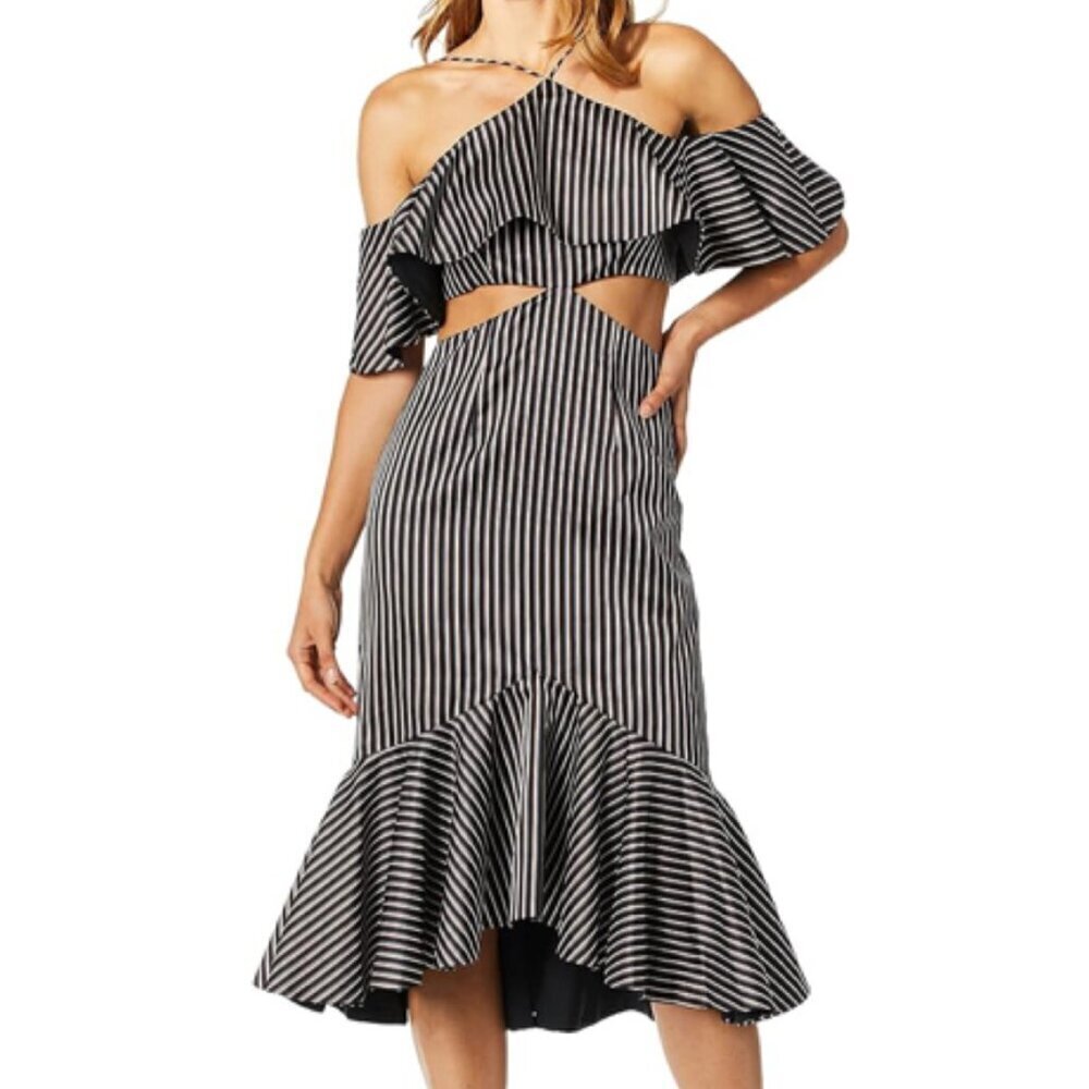 AMUR Agnes Stripe Cold Shoulder Cutout Flounce Midi Dress US 10​​​​​​